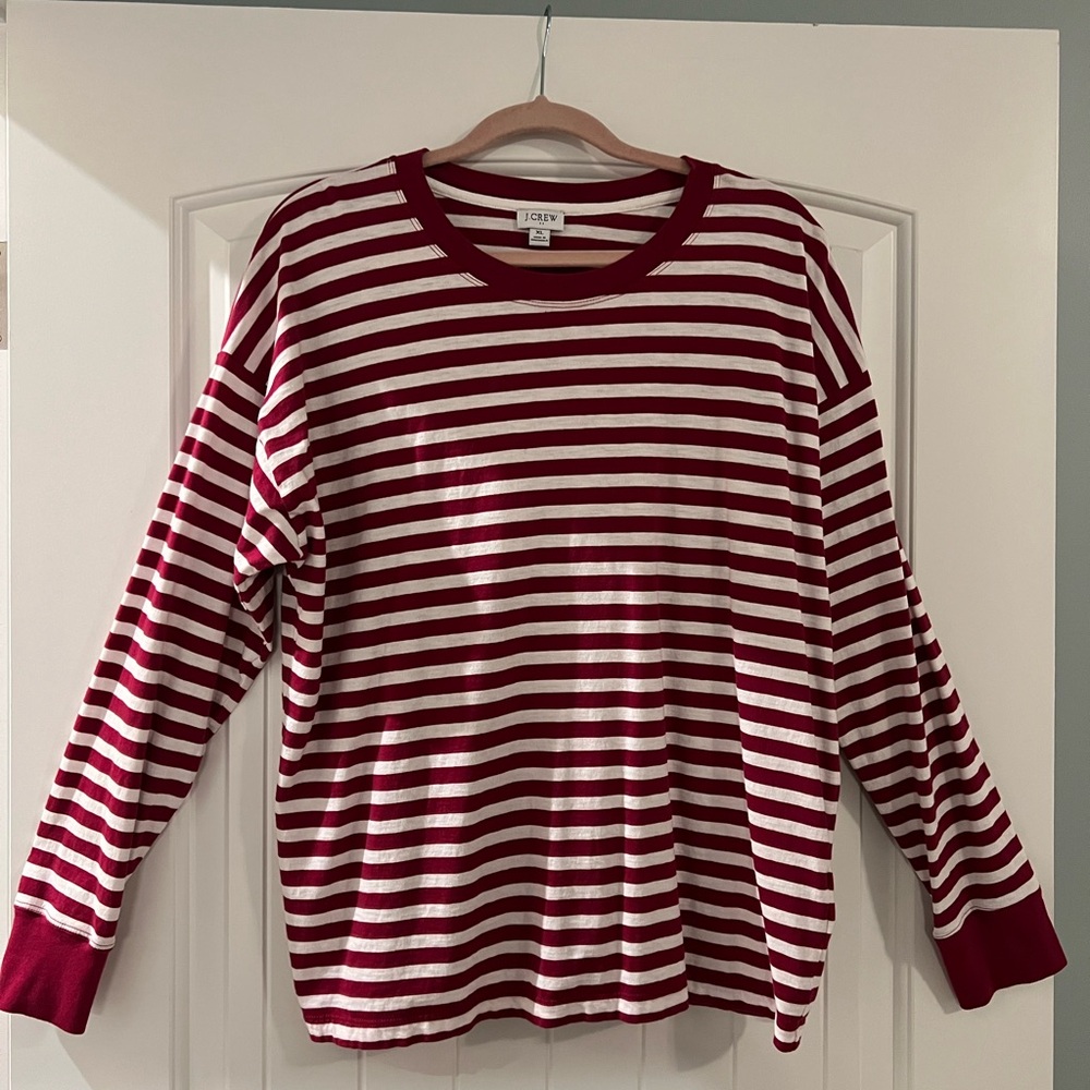 J. Crew Factory Burgundy and White Striped Long Sleeve Top